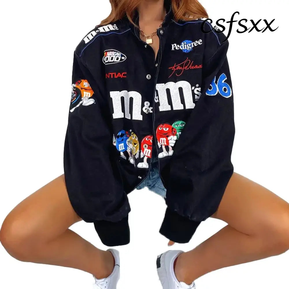 2024 Spring And Autumn Hot Women’s Printed Jacket Street Casual Hip Hop Sports Zipper Pilot Coat - black / XXL / China