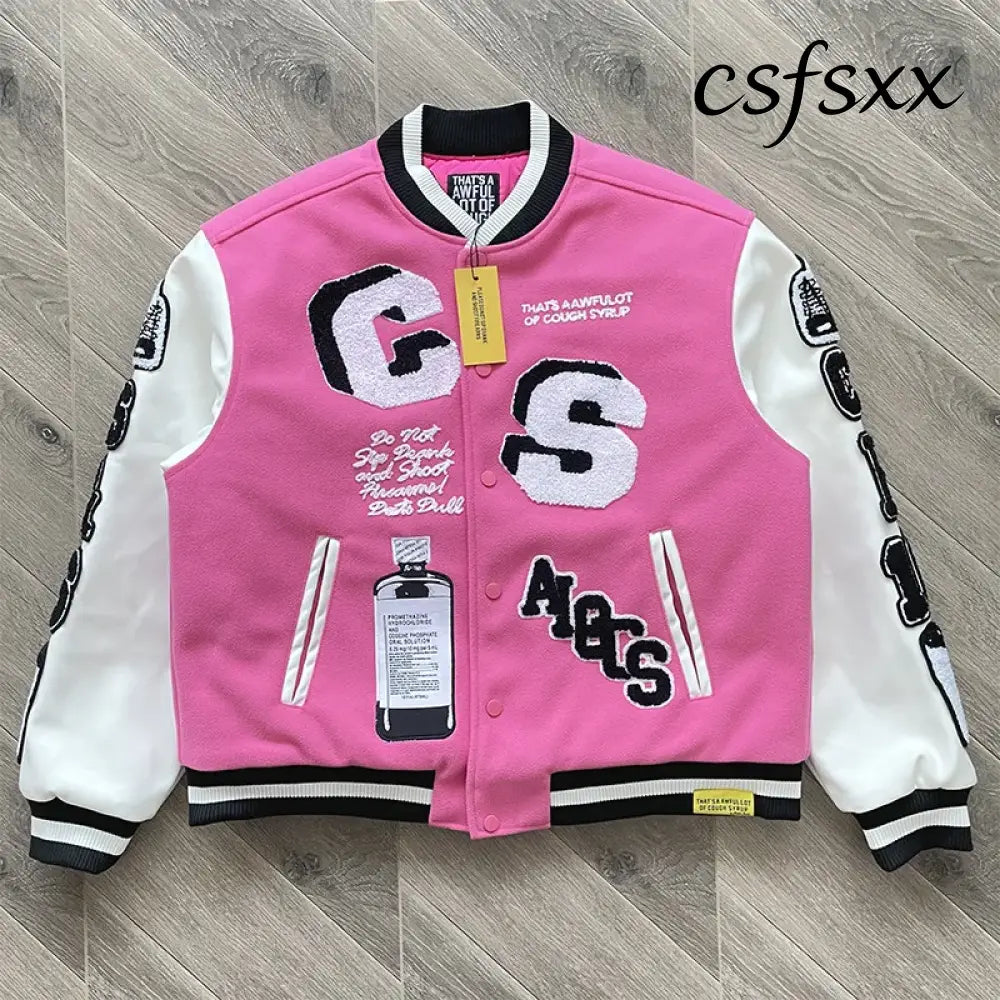 ALOC Heavy Industries Fully Embroidered Baseball Woolen Jacket Jacket ALOC26JK32 - Pink / S
