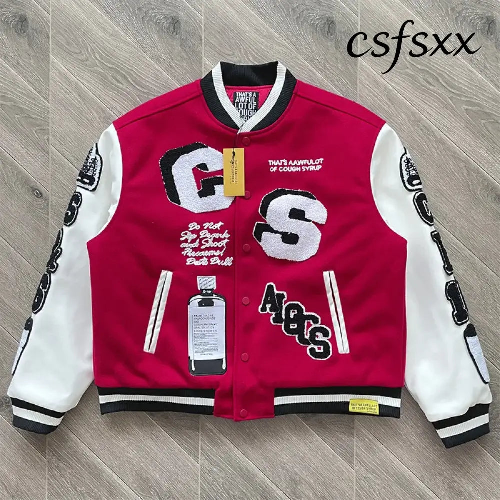 ALOC Heavy Industries Fully Embroidered Baseball Woolen Jacket Jacket ALOC26JK32 - Red / XL