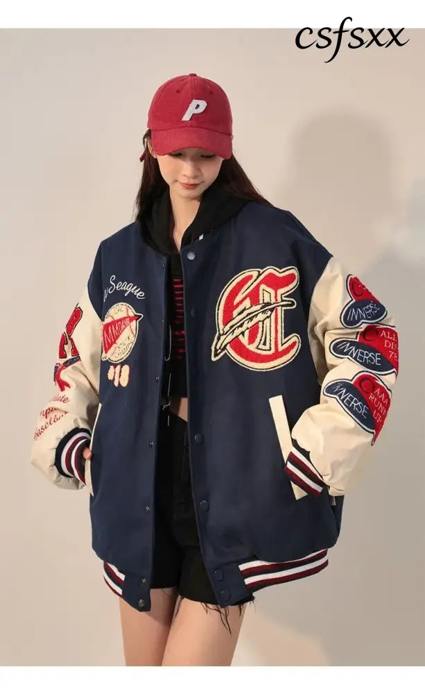 American Retro Letter Flocking Embroidered Baseball Uniform Female Y2K Punk Street Motorcycle Harajuku Wind Student