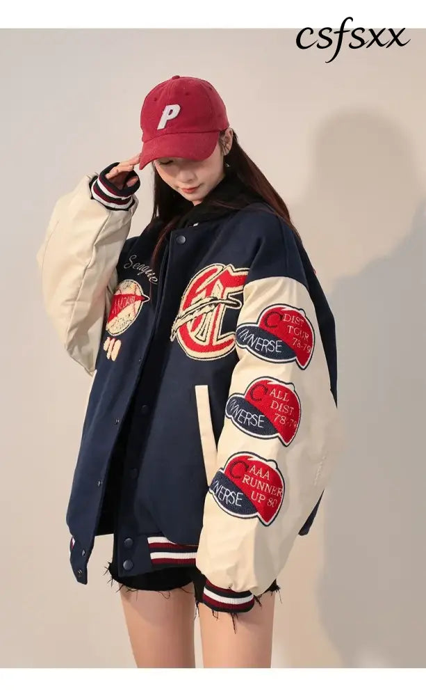 American Retro Letter Flocking Embroidered Baseball Uniform Female Y2K Punk Street Motorcycle Harajuku Wind Student