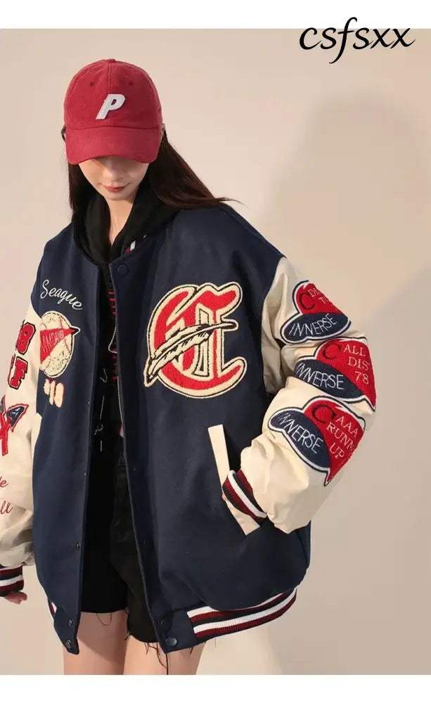 American Retro Letter Flocking Embroidered Baseball Uniform Female Y2K Punk Street Motorcycle Harajuku Wind Student