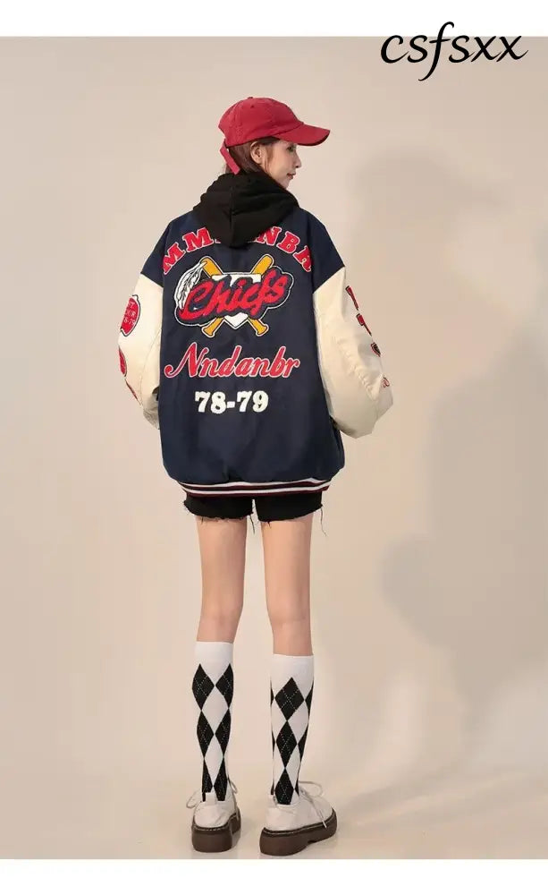 American Retro Letter Flocking Embroidered Baseball Uniform Female Y2K Punk Street Motorcycle Harajuku Wind Student
