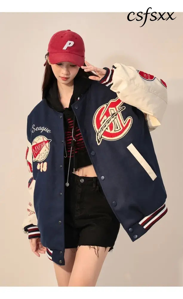 American Retro Letter Flocking Embroidered Baseball Uniform Female Y2K Punk Street Motorcycle Harajuku Wind Student
