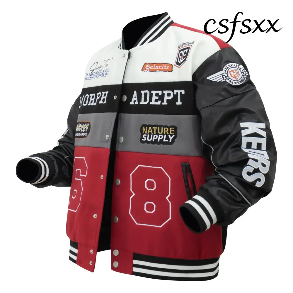 American Retro Racing Jacket Men’s Biker Sleeve PU Leather Color Block Workwear Windproof Casual Loose Fit Long Sleeve