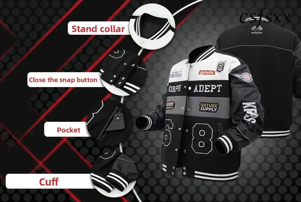 American Retro Racing Jacket Men’s Biker Sleeve PU Leather Color Block Workwear Windproof Casual Loose Fit Long Sleeve