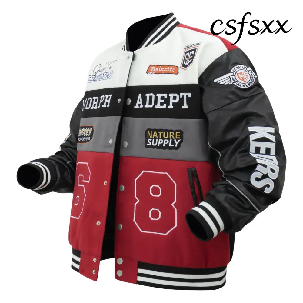 American Retro Racing Jacket Men’s Biker Sleeve PU Leather Color Block Workwear Windproof Casual Loose Fit Long Sleeve