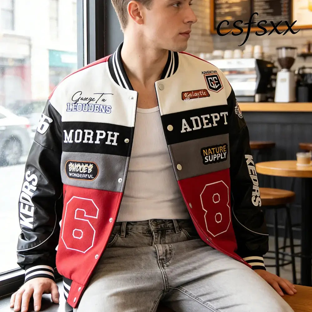 American Retro Racing Jacket Men’s Biker Sleeve PU Leather Color Block Workwear Windproof Casual Loose Fit Long Sleeve