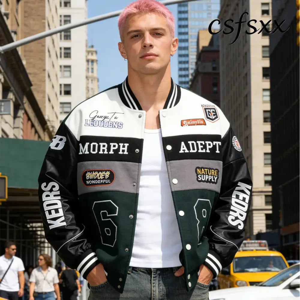 American Retro Racing Jacket Men’s Biker Sleeve PU Leather Color Block Workwear Windproof Casual Loose Fit Long Sleeve
