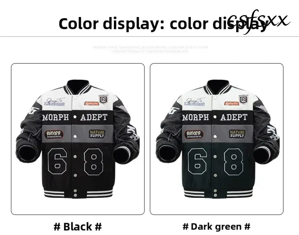 American Retro Racing Jacket Men’s Biker Sleeve PU Leather Color Block Workwear Windproof Casual Loose Fit Long Sleeve