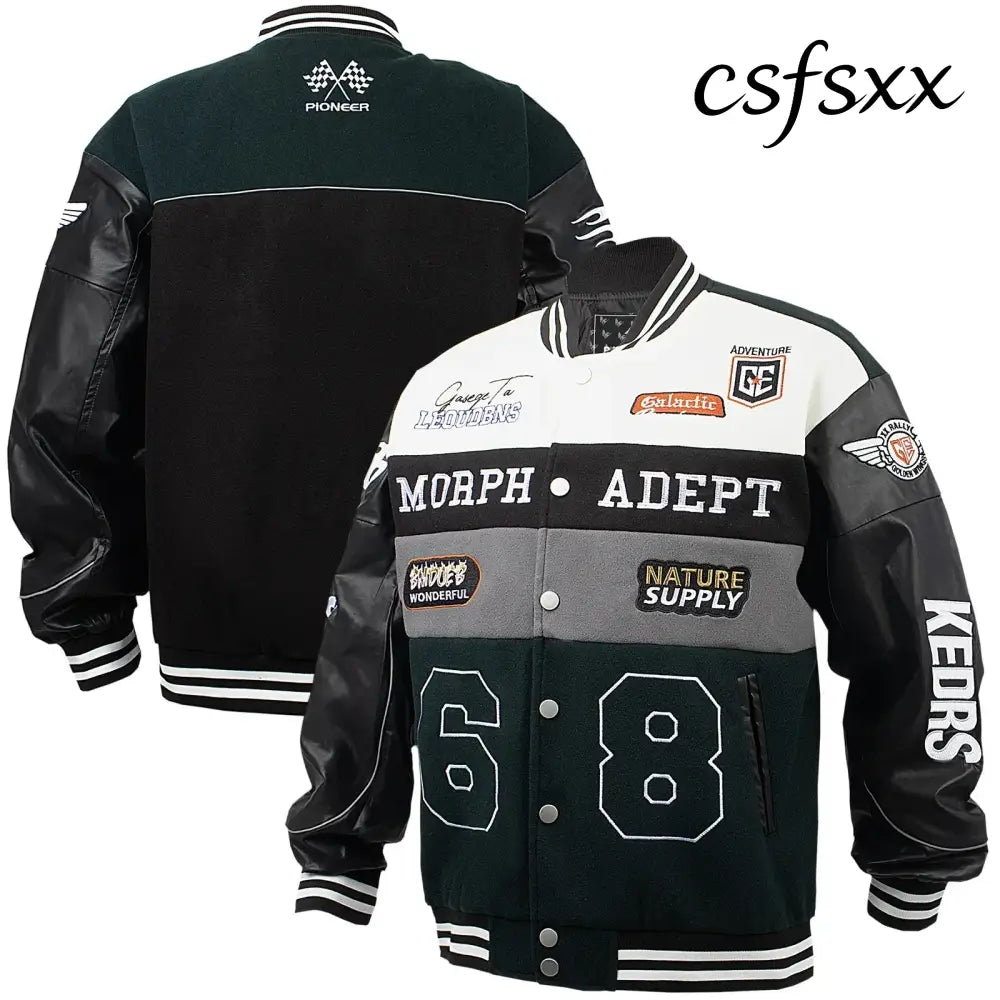 American Retro Racing Jacket Men’s Biker Sleeve PU Leather Color Block Workwear Windproof Casual Loose Fit Long Sleeve