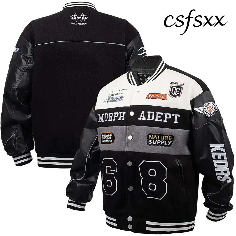 American Retro Racing Jacket Men’s Biker Sleeve PU Leather Color Block Workwear Windproof Casual Loose Fit Long Sleeve