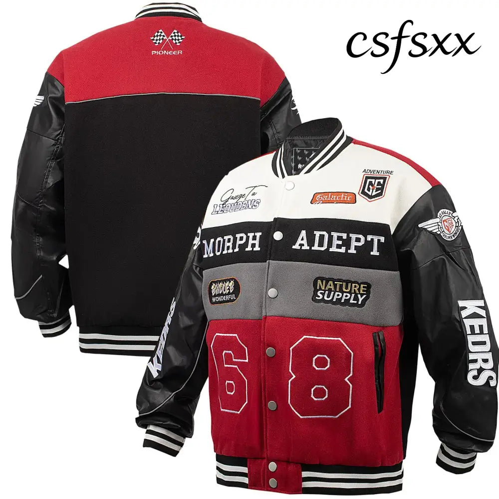 American Retro Racing Jacket Men’s Biker Sleeve PU Leather Color Block Workwear Windproof Casual Loose Fit Long Sleeve