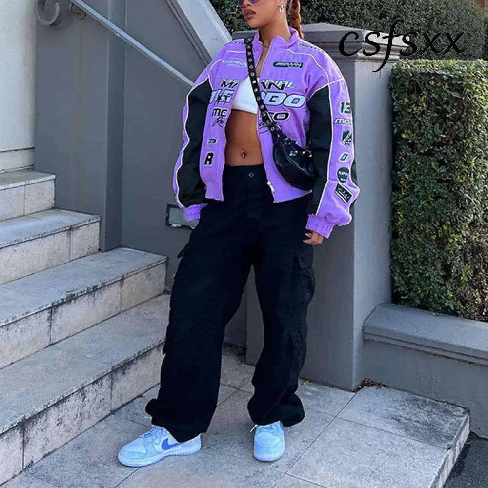 Autumn Casual Letter Print Jacket Women Hip Hop Purple Long Sleeve Zip Up Coat Streetwear Y2k Trend Outfit Loose