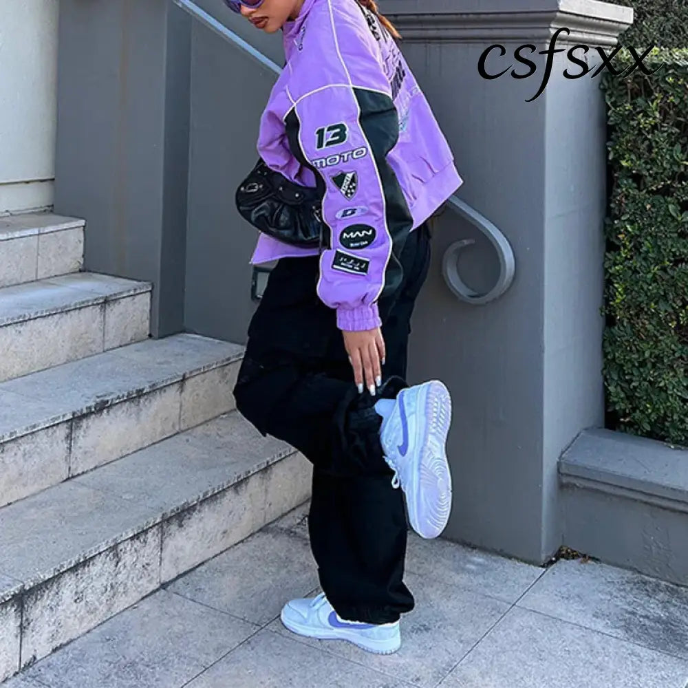 Autumn Casual Letter Print Jacket Women Hip Hop Purple Long Sleeve Zip Up Coat Streetwear Y2k Trend Outfit Loose
