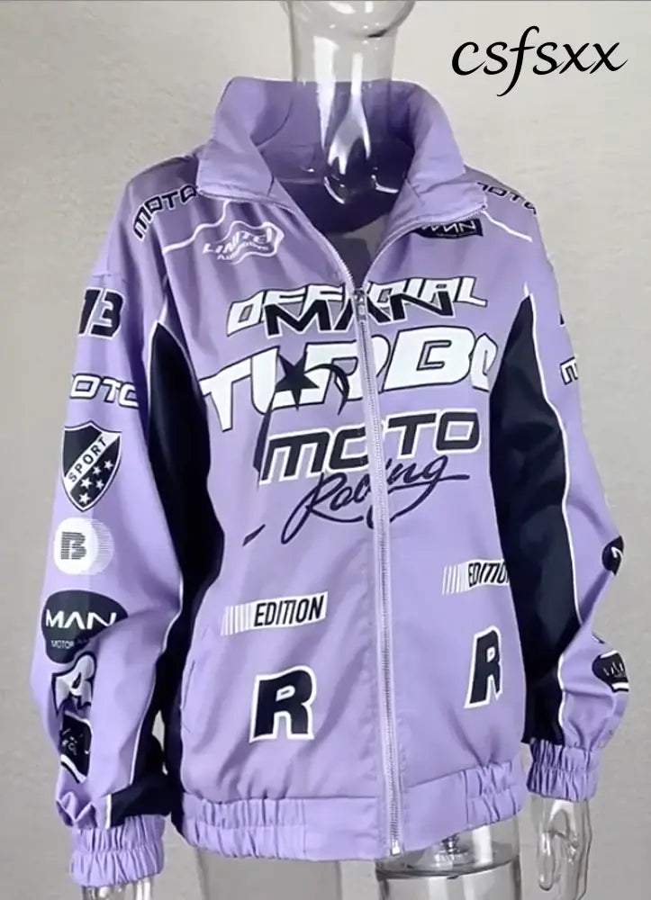 Autumn Casual Letter Print Jacket Women Hip Hop Purple Long Sleeve Zip Up Coat Streetwear Y2k Trend Outfit Loose