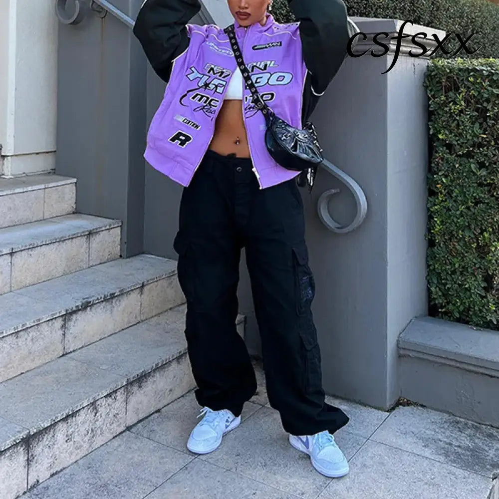 Autumn Casual Letter Print Jacket Women Hip Hop Purple Long Sleeve Zip Up Coat Streetwear Y2k Trend Outfit Loose