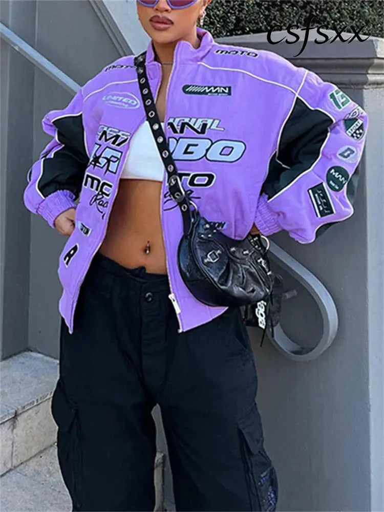 Autumn Casual Letter Print Jacket Women Hip Hop Purple Long Sleeve Zip Up Coat Streetwear Y2k Trend Outfit Loose