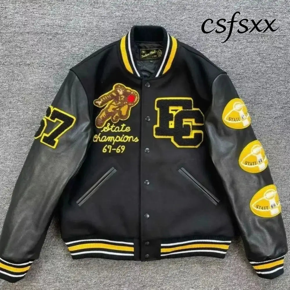 Embroidery Varsity Jacket Men PU Leather Sleeves Oversized Bomber Jackets Women Baseball Coats Streetwear Men Clothing