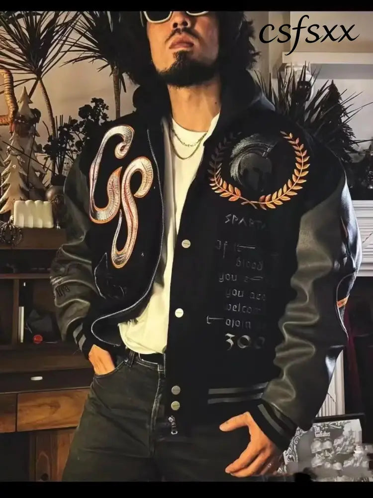 Embroidery Varsity Jacket Men PU Leather Sleeves Oversized Bomber Jackets Women Baseball Coats Streetwear Men Clothing
