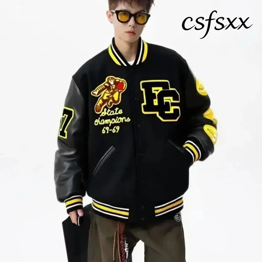 Embroidery Varsity Jacket Men PU Leather Sleeves Oversized Bomber Jackets Women Baseball Coats Streetwear Men Clothing