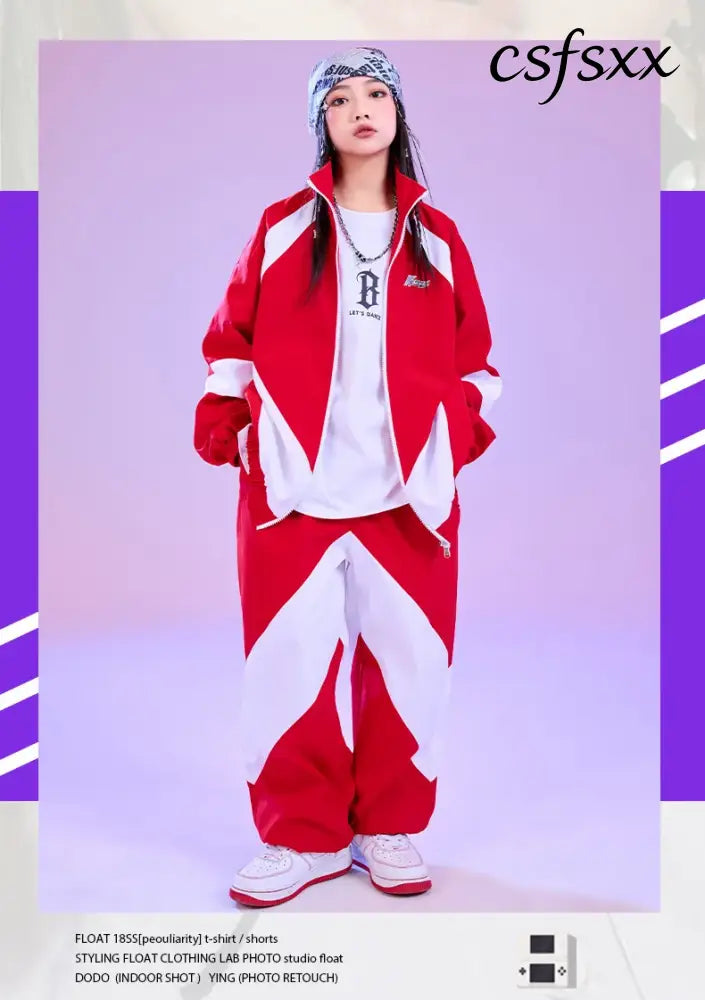 Kid Hip Hop Clothing Red White Color Block Windbreaker Jacket Casual Jogger Pants for Girl Boy Jazz Dance Wear Costumes