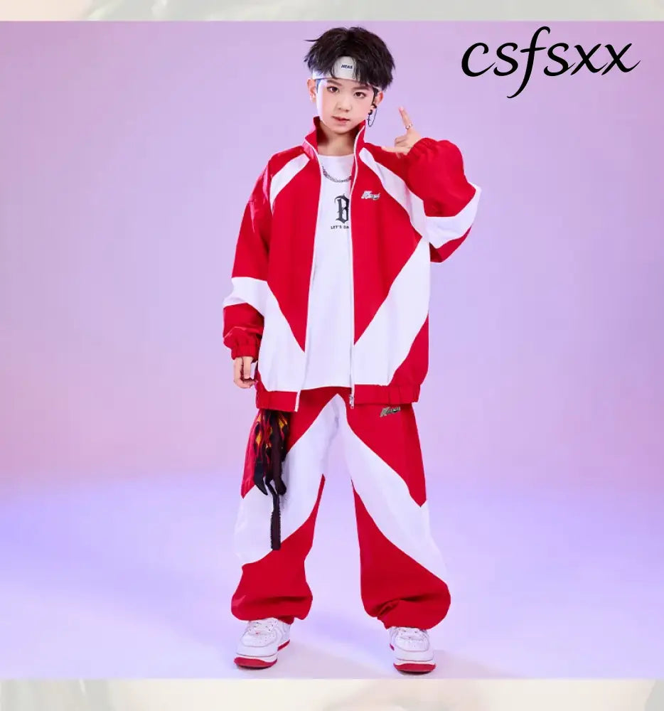 Kid Hip Hop Clothing Red White Color Block Windbreaker Jacket Casual Jogger Pants for Girl Boy Jazz Dance Wear Costumes