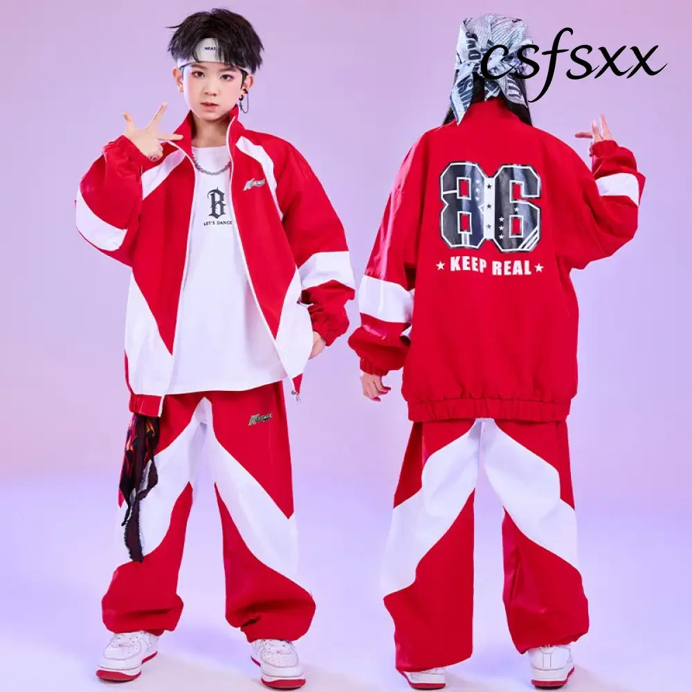 Kid Hip Hop Clothing Red White Color Block Windbreaker Jacket Casual Jogger Pants for Girl Boy Jazz Dance Wear Costumes