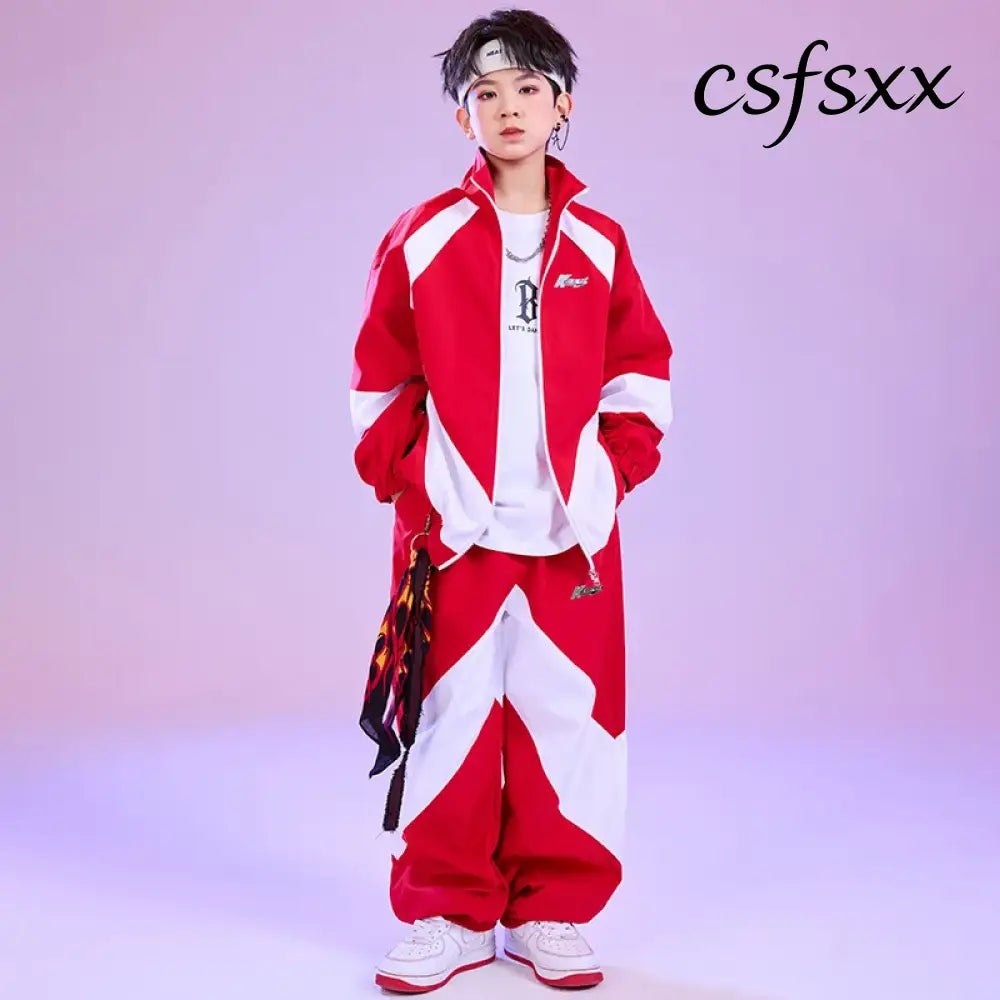 Kid Hip Hop Clothing Red White Color Block Windbreaker Jacket Casual Jogger Pants for Girl Boy Jazz Dance Wear Costumes