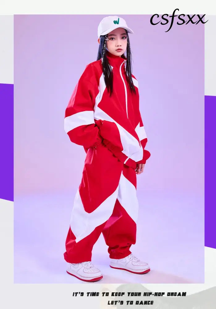 Kid Hip Hop Clothing Red White Color Block Windbreaker Jacket Casual Jogger Pants for Girl Boy Jazz Dance Wear Costumes