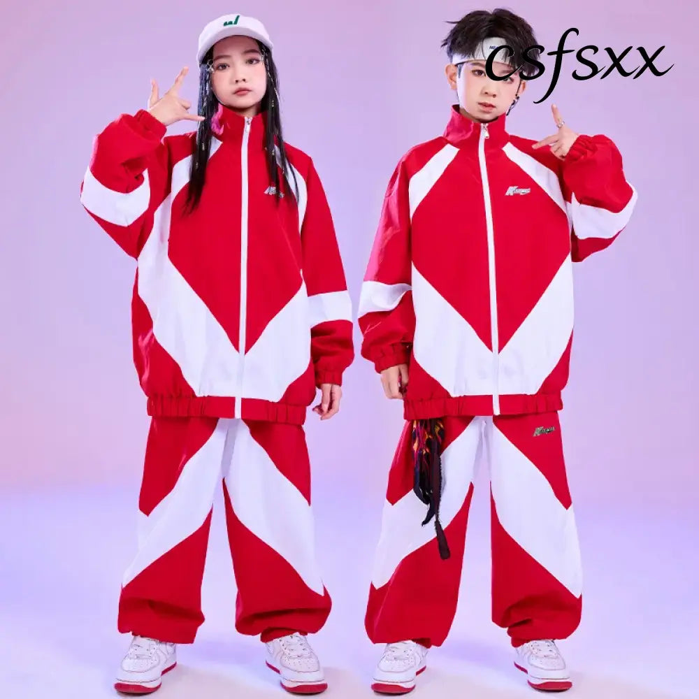 Kid Hip Hop Clothing Red White Color Block Windbreaker Jacket Casual Jogger Pants for Girl Boy Jazz Dance Wear Costumes