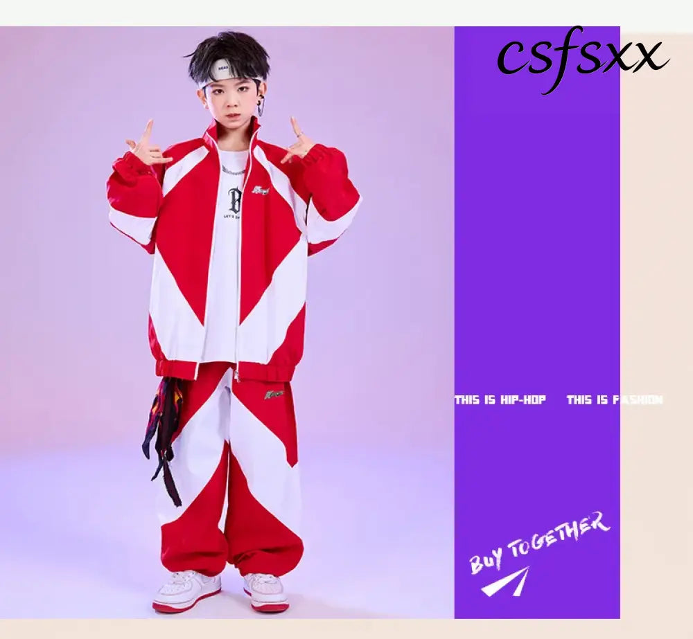 Kid Hip Hop Clothing Red White Color Block Windbreaker Jacket Casual Jogger Pants for Girl Boy Jazz Dance Wear Costumes