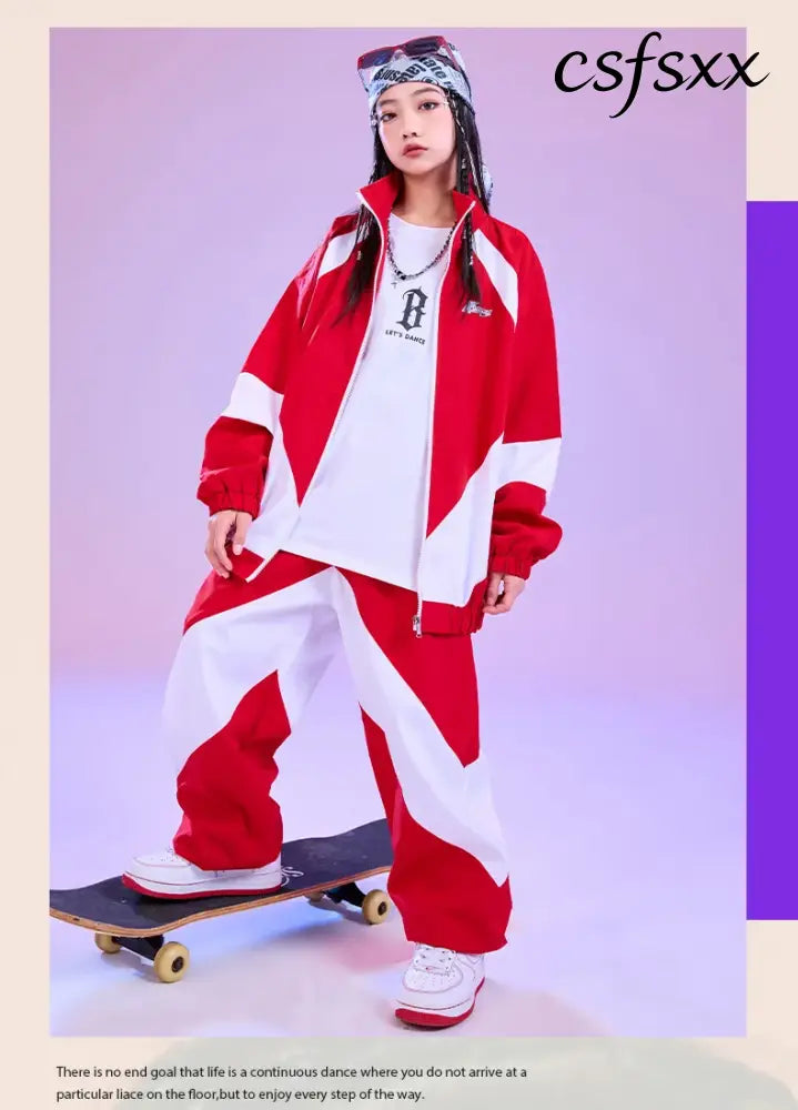 Kid Hip Hop Clothing Red White Color Block Windbreaker Jacket Casual Jogger Pants for Girl Boy Jazz Dance Wear Costumes