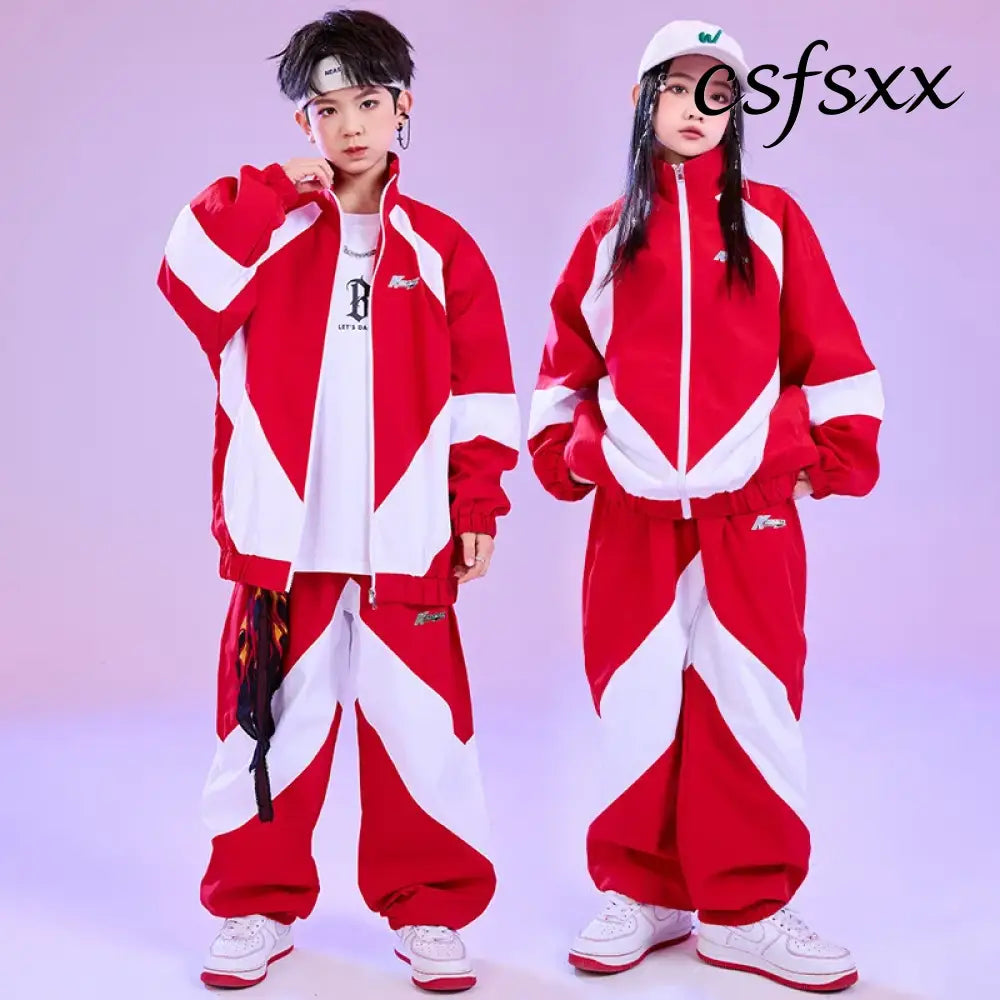 Kid Hip Hop Clothing Red White Color Block Windbreaker Jacket Casual Jogger Pants for Girl Boy Jazz Dance Wear Costumes