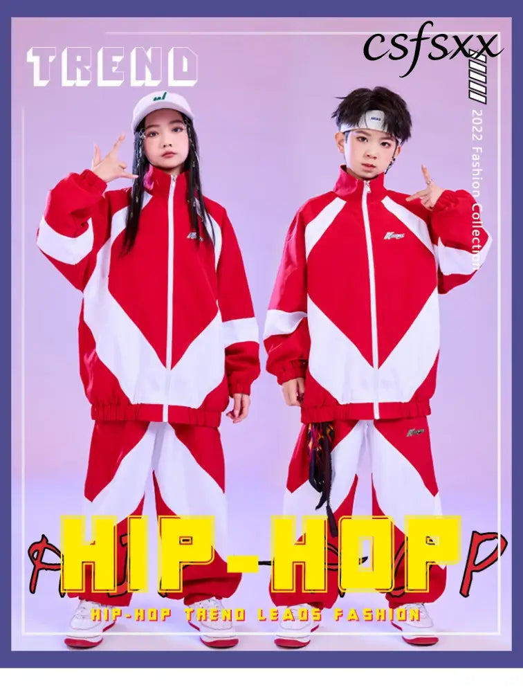 Kid Hip Hop Clothing Red White Color Block Windbreaker Jacket Casual Jogger Pants for Girl Boy Jazz Dance Wear Costumes