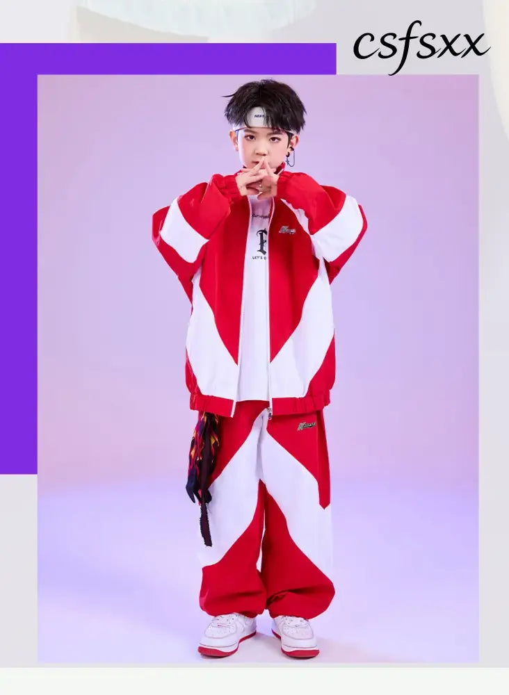Kid Hip Hop Clothing Red White Color Block Windbreaker Jacket Casual Jogger Pants for Girl Boy Jazz Dance Wear Costumes