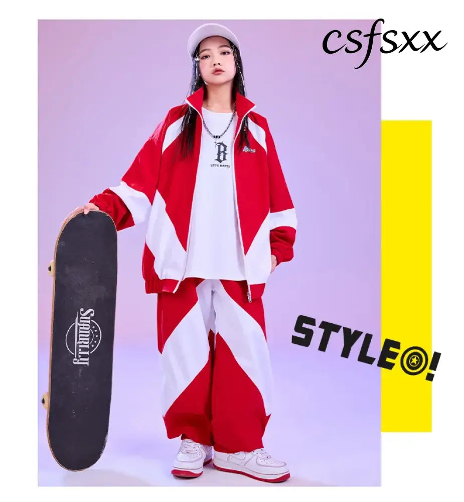 Kid Hip Hop Clothing Red White Color Block Windbreaker Jacket Casual Jogger Pants for Girl Boy Jazz Dance Wear Costumes