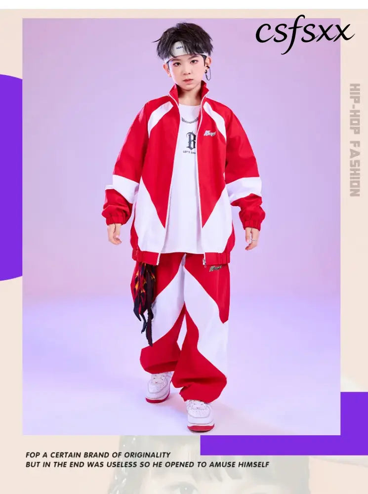 Kid Hip Hop Clothing Red White Color Block Windbreaker Jacket Casual Jogger Pants for Girl Boy Jazz Dance Wear Costumes