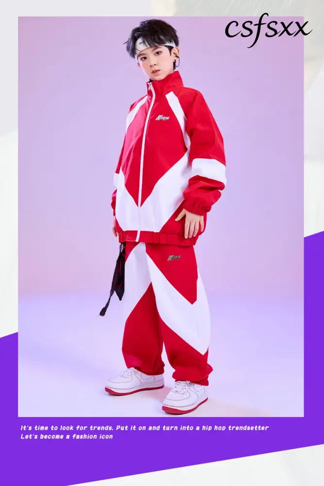 Kid Hip Hop Clothing Red White Color Block Windbreaker Jacket Casual Jogger Pants for Girl Boy Jazz Dance Wear Costumes