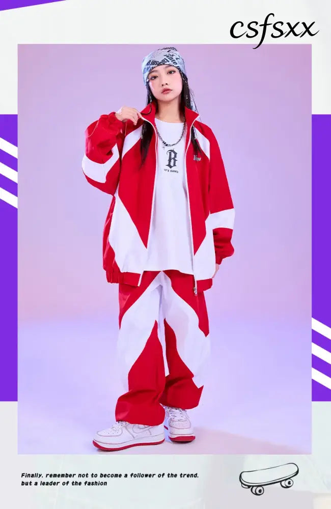 Kid Hip Hop Clothing Red White Color Block Windbreaker Jacket Casual Jogger Pants for Girl Boy Jazz Dance Wear Costumes