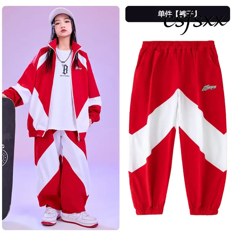 Kid Hip Hop Clothing Red White Color Block Windbreaker Jacket Casual Jogger Pants for Girl Boy Jazz Dance Wear Costumes