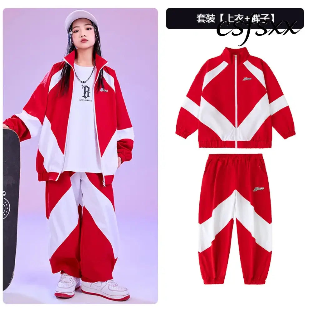 Kid Hip Hop Clothing Red White Color Block Windbreaker Jacket Casual Jogger Pants for Girl Boy Jazz Dance Wear Costumes
