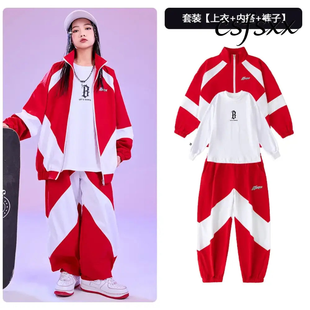 Kid Hip Hop Clothing Red White Color Block Windbreaker Jacket Casual Jogger Pants for Girl Boy Jazz Dance Wear Costumes