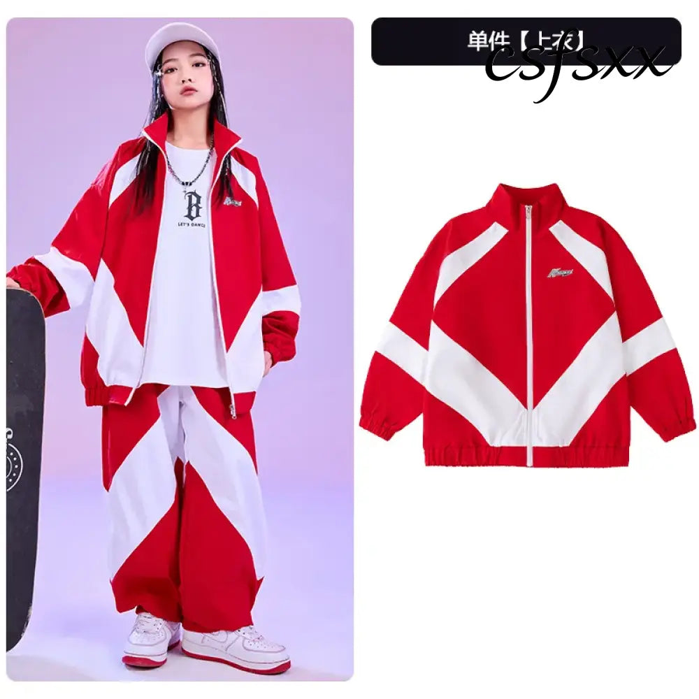 Kid Hip Hop Clothing Red White Color Block Windbreaker Jacket Casual Jogger Pants for Girl Boy Jazz Dance Wear Costumes