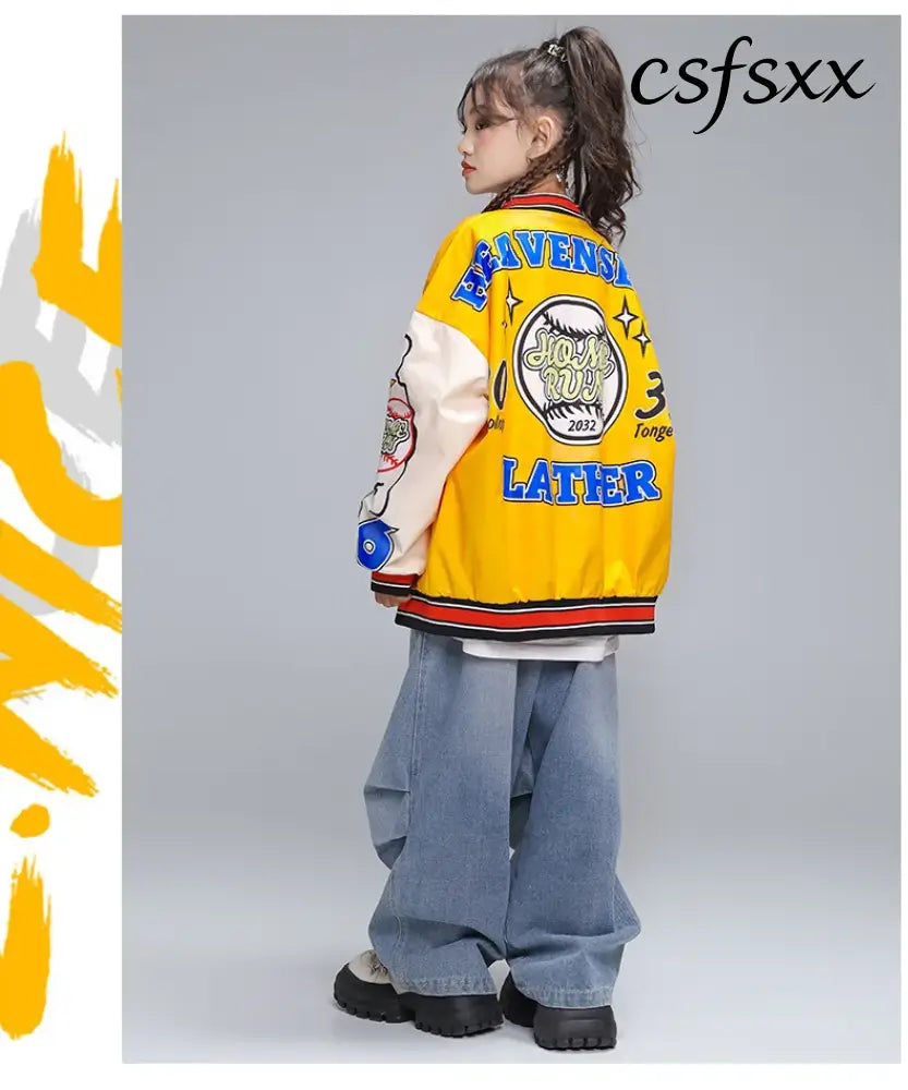 Kid Hip Hop Clothing Yellow Print Baseball Jacket Casual Ruched Red Pants Denim Jeans for Girl Boy Jazz Dance Costumes