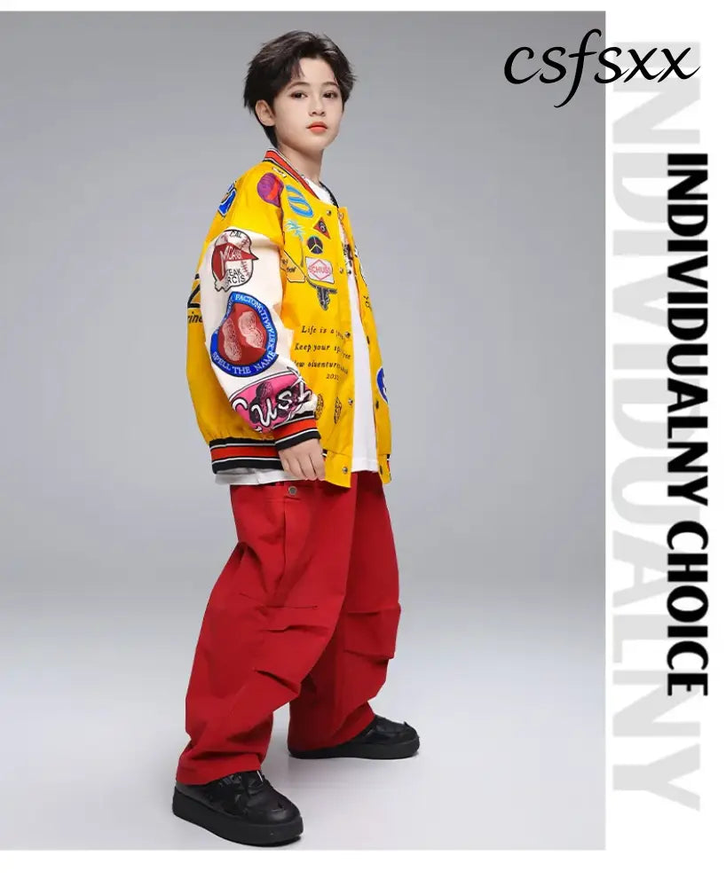 Kid Hip Hop Clothing Yellow Print Baseball Jacket Casual Ruched Red Pants Denim Jeans for Girl Boy Jazz Dance Costumes
