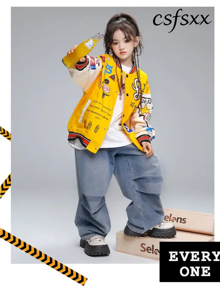 Kid Hip Hop Clothing Yellow Print Baseball Jacket Casual Ruched Red Pants Denim Jeans for Girl Boy Jazz Dance Costumes