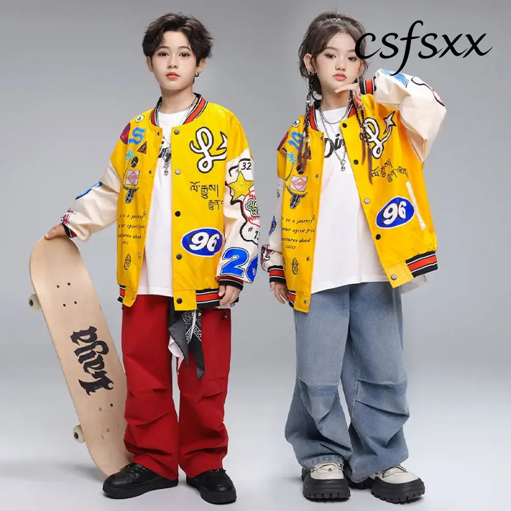 Kid Hip Hop Clothing Yellow Print Baseball Jacket Casual Ruched Red Pants Denim Jeans for Girl Boy Jazz Dance Costumes