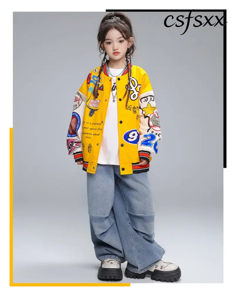 Kid Hip Hop Clothing Yellow Print Baseball Jacket Casual Ruched Red Pants Denim Jeans for Girl Boy Jazz Dance Costumes