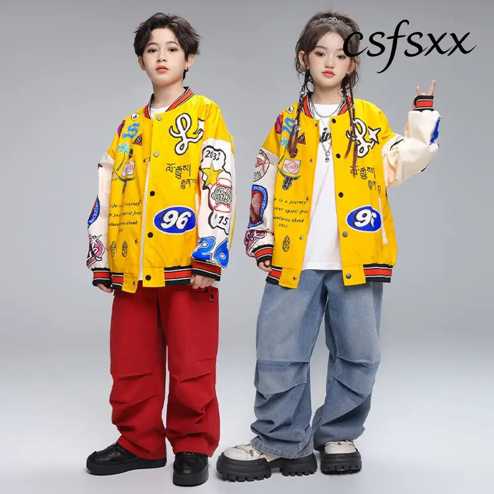 Kid Hip Hop Clothing Yellow Print Baseball Jacket Casual Ruched Red Pants Denim Jeans for Girl Boy Jazz Dance Costumes